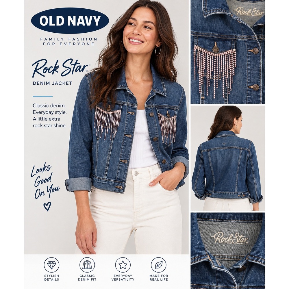 Old Navy Rock Star Denim Jacket Rhinestone Fringe Pink Medium Wash Size PXL
